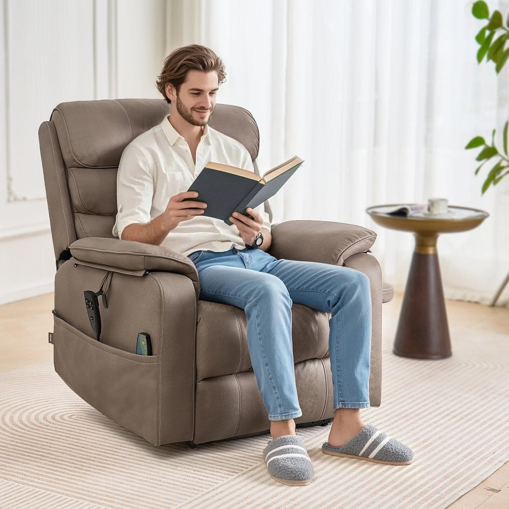 Fauteuil inclinable électrique en velours, double moteur, chauffage, massage et chargeur sans fil