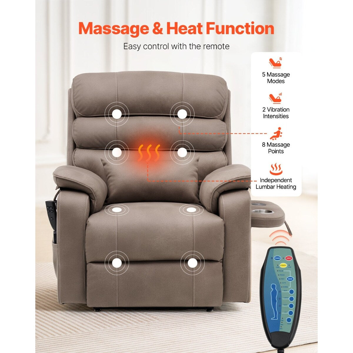Fauteuil inclinable électrique en velours, double moteur, chauffage, massage et chargeur sans fil