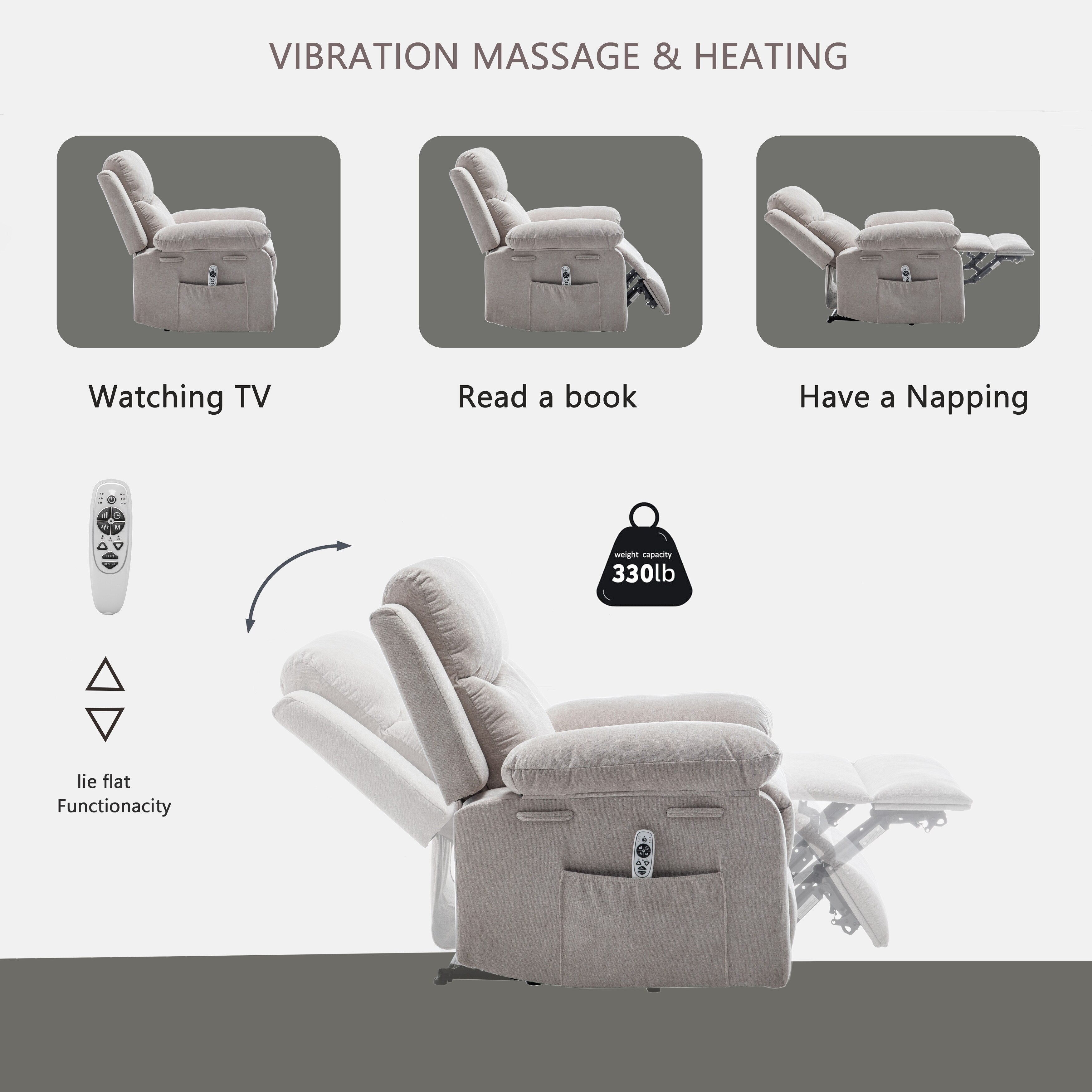 Fauteuil inclinable électrique en velours avec système de massage et de chauffage