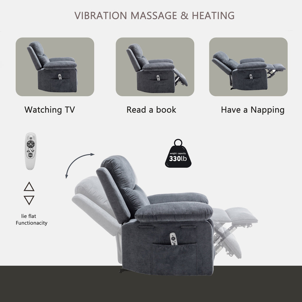 Fauteuil inclinable électrique en velours avec système de massage et de chauffage