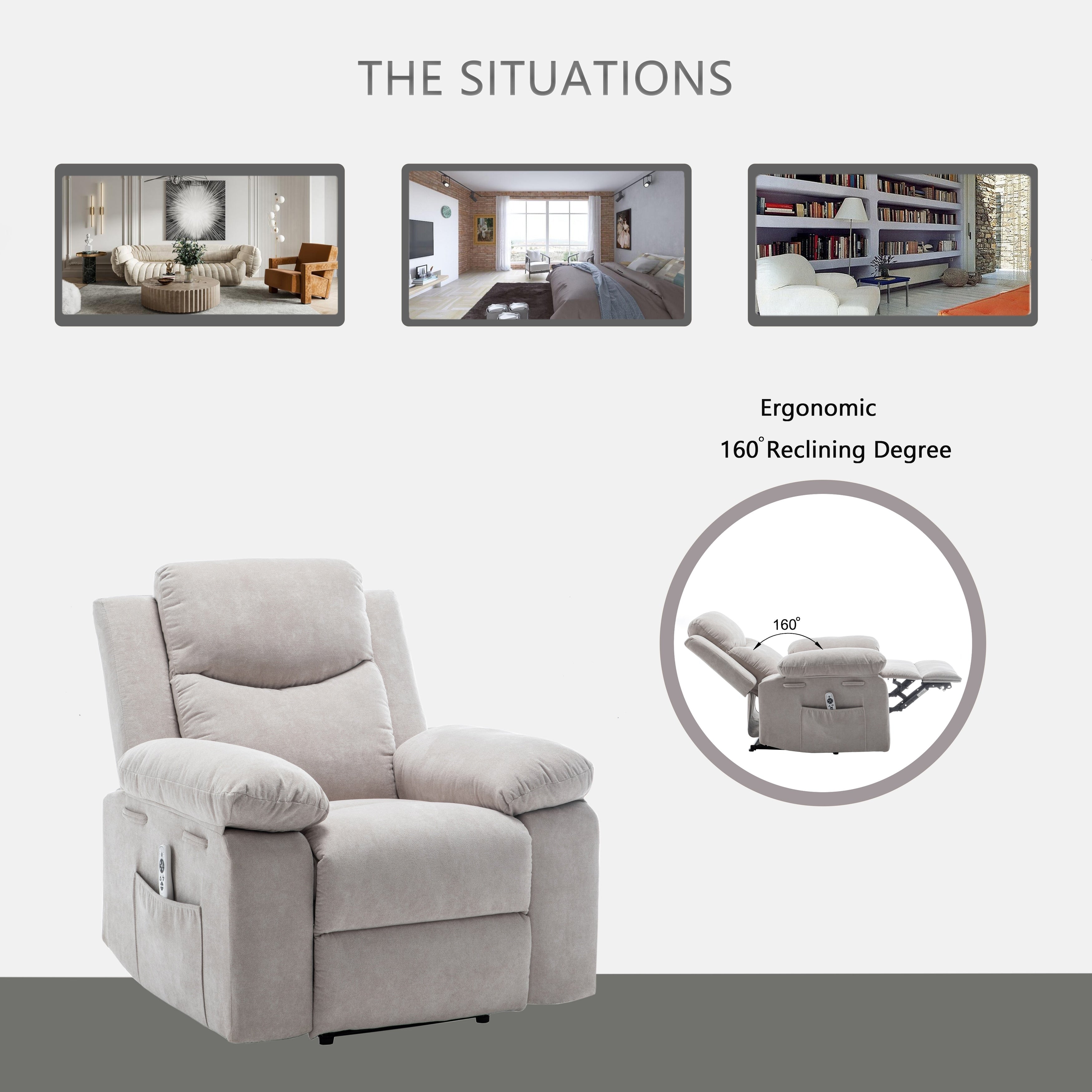 Fauteuil inclinable électrique en velours avec système de massage et de chauffage