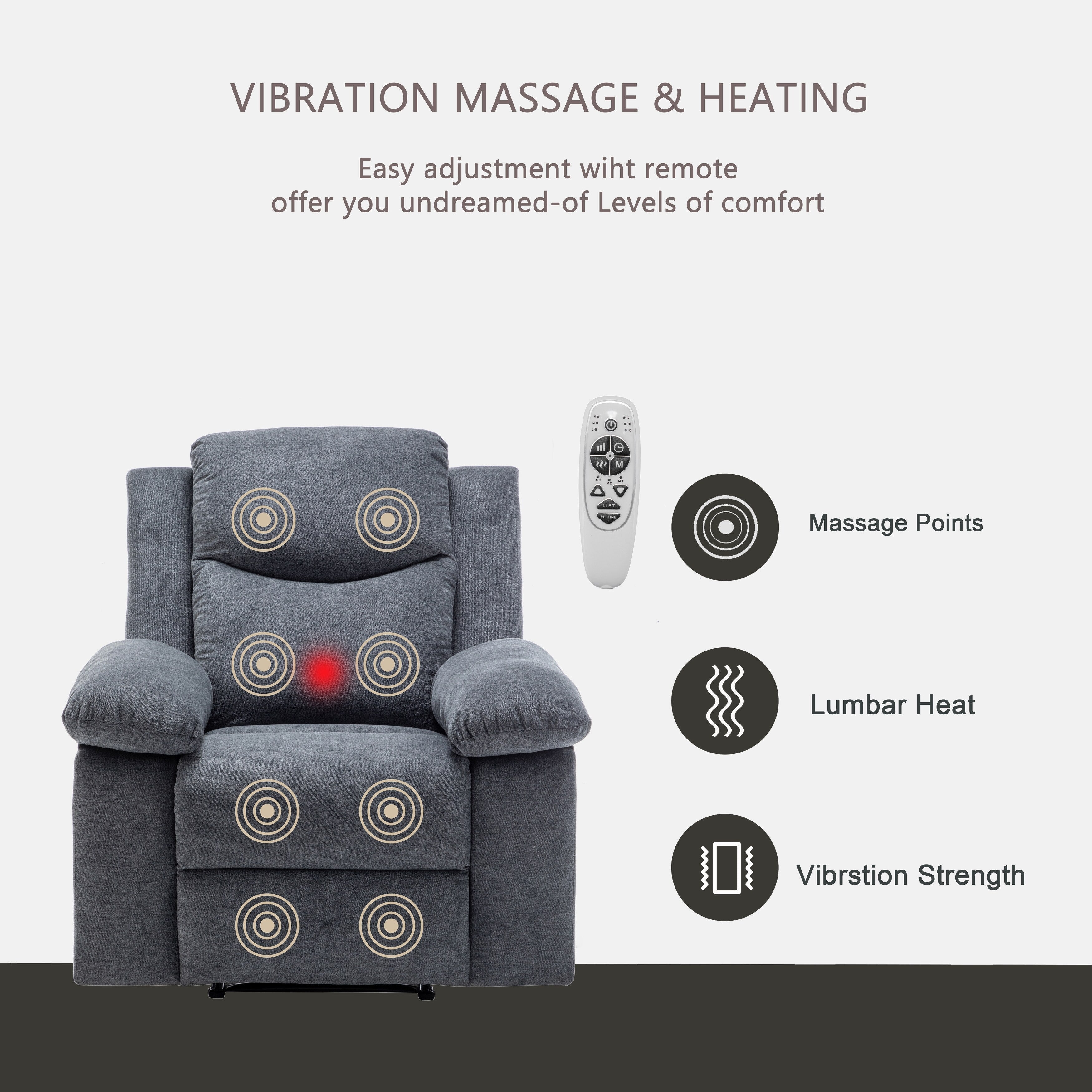 Fauteuil inclinable électrique en velours avec système de massage et de chauffage