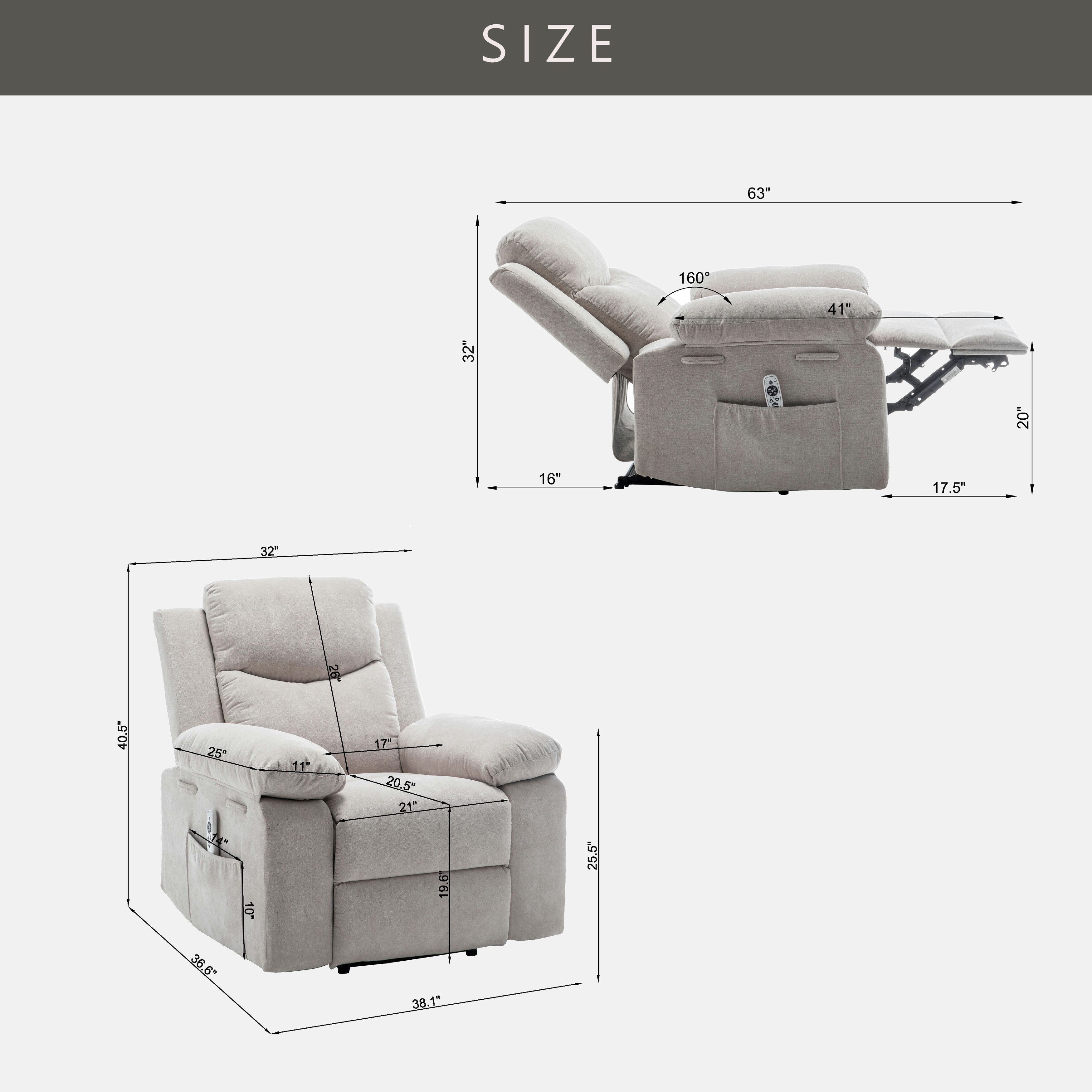 Fauteuil inclinable électrique en velours avec système de massage et de chauffage