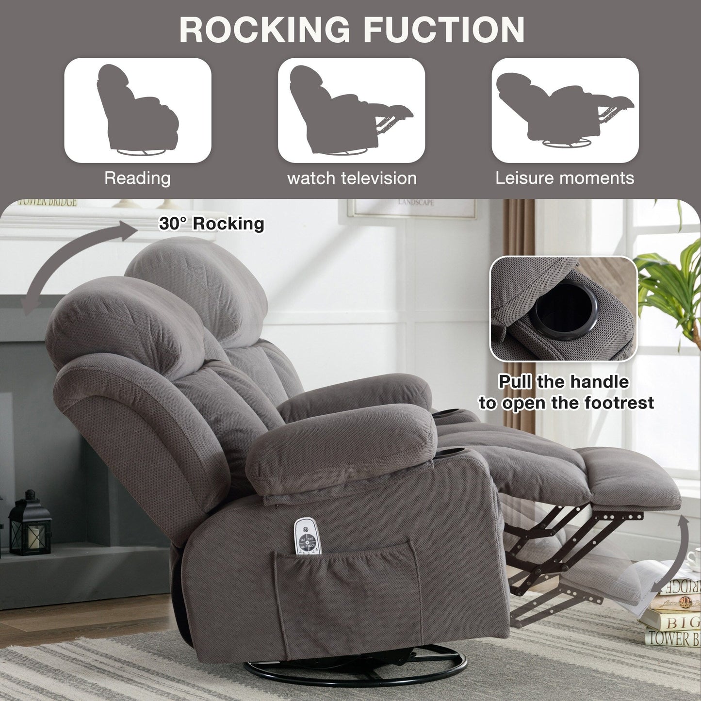 Fauteuil inclinable pivotant en velours avec massage et chauffage, rotation à 360°, port de chargement USB, deux porte-gobelets
