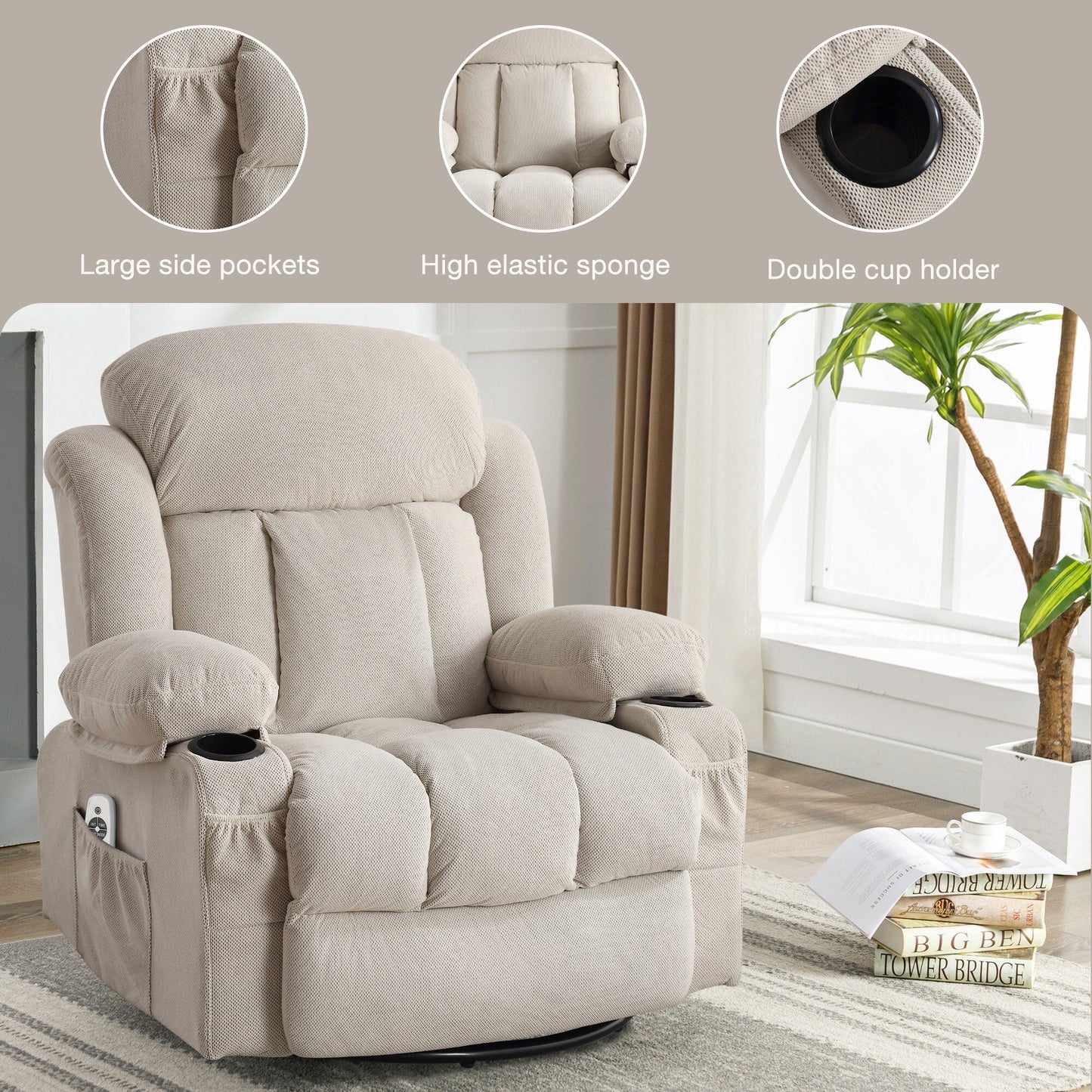 Fauteuil inclinable pivotant en velours avec massage et chauffage, rotation à 360°, port de chargement USB, deux porte-gobelets