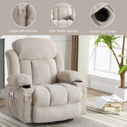 Fauteuil inclinable pivotant en velours avec massage et chauffage, rotation à 360°, port de chargement USB, deux porte-gobelets