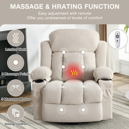 Fauteuil inclinable pivotant en velours avec massage et chauffage, rotation à 360°, port de chargement USB, deux porte-gobelets