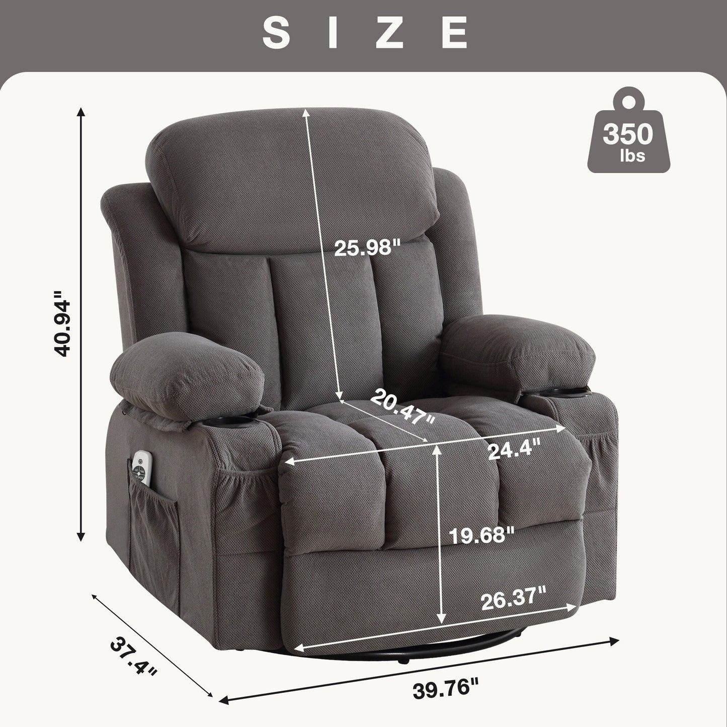 Fauteuil inclinable pivotant en velours avec massage et chauffage, rotation à 360°, port de chargement USB, deux porte-gobelets