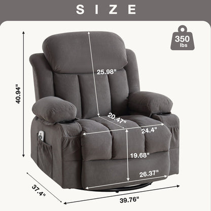 Fauteuil inclinable pivotant en velours avec massage et chauffage, rotation à 360°, port de chargement USB, deux porte-gobelets