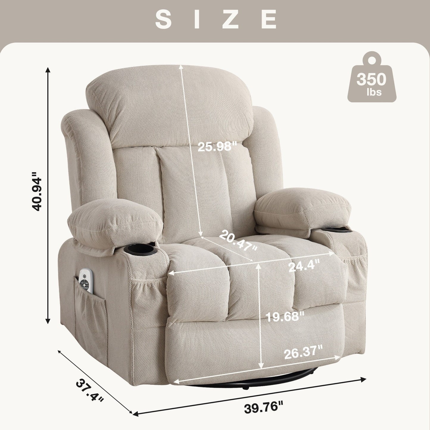 Fauteuil inclinable pivotant en velours avec massage et chauffage, rotation à 360°, port de chargement USB, deux porte-gobelets