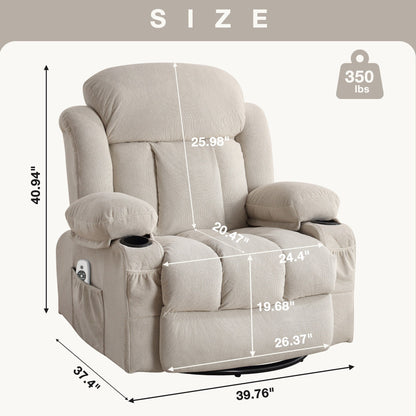 Fauteuil inclinable pivotant en velours avec massage et chauffage, rotation à 360°, port de chargement USB, deux porte-gobelets