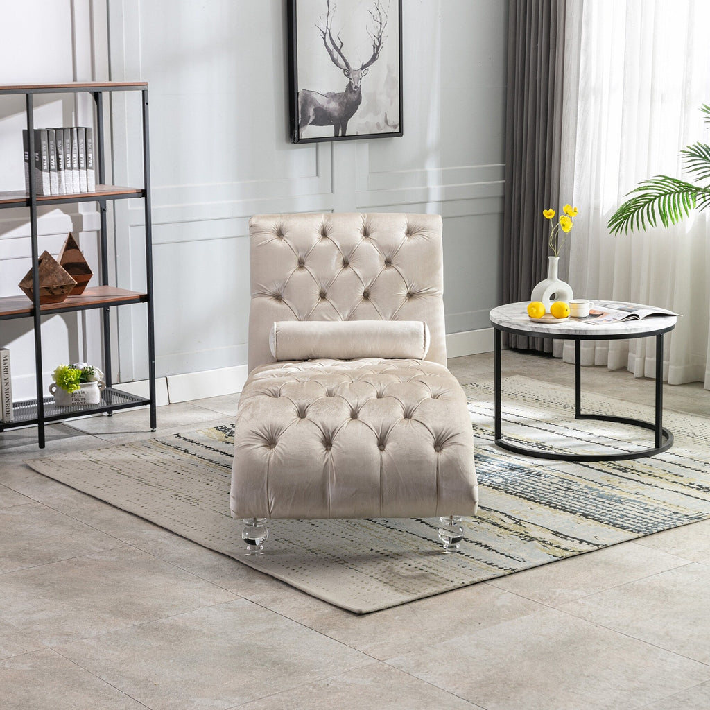 Chaise longue ergonomique en velours capitonné, inclinable en forme de S, avec coussin, garniture cloutée et pieds en acrylique pour une utilisation en intérieur