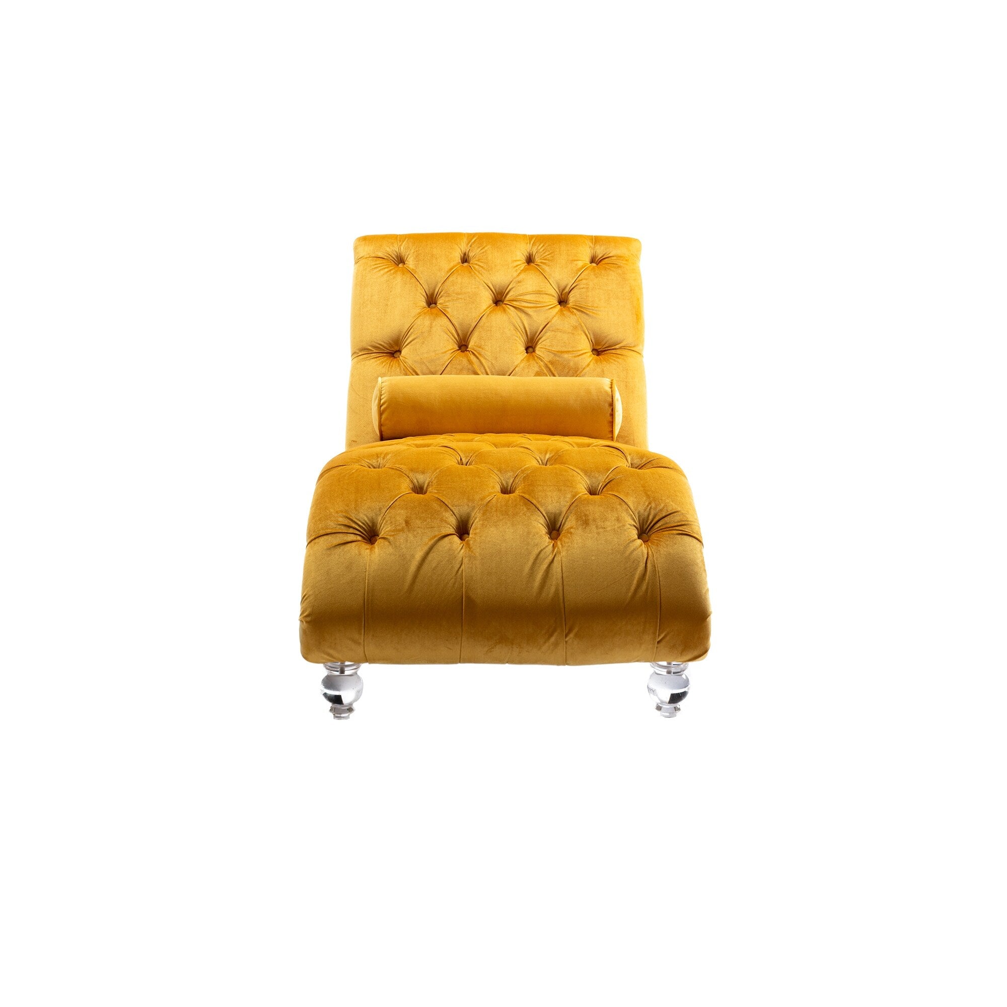 Chaise longue ergonomique en velours capitonné, inclinable en forme de S, avec coussin, garniture cloutée et pieds en acrylique pour une utilisation en intérieur