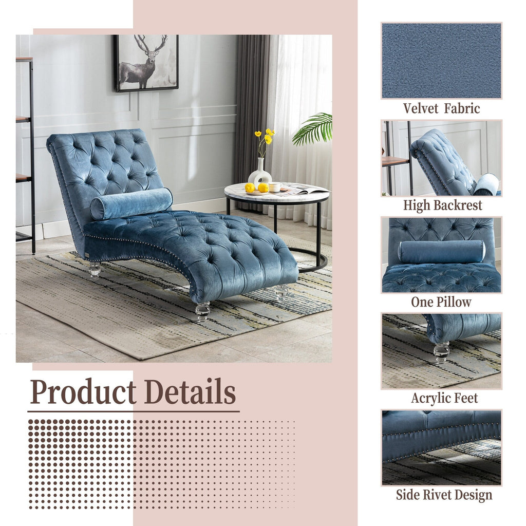 Chaise longue ergonomique en velours capitonné, inclinable en forme de S, avec coussin, garniture cloutée et pieds en acrylique pour une utilisation en intérieur