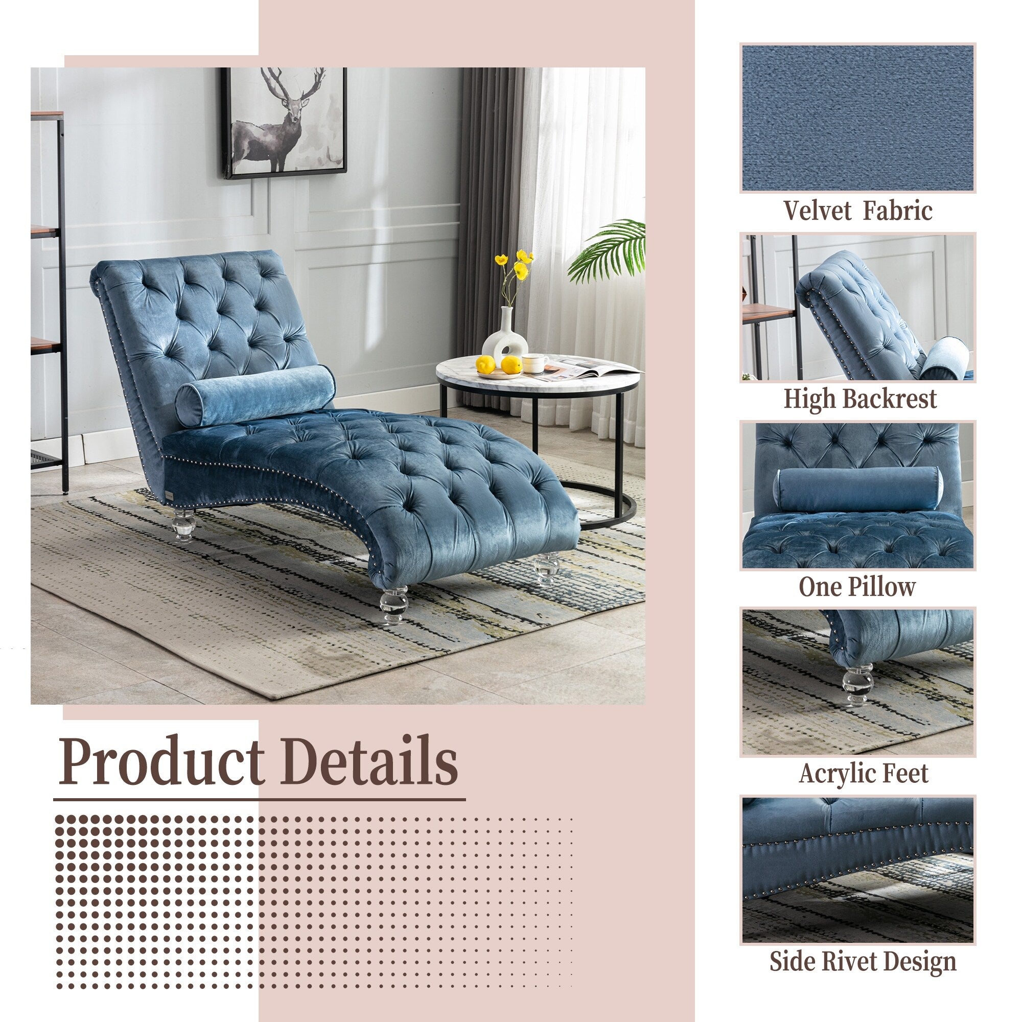 Chaise longue ergonomique en velours capitonné, inclinable en forme de S, avec coussin, garniture cloutée et pieds en acrylique pour une utilisation en intérieur