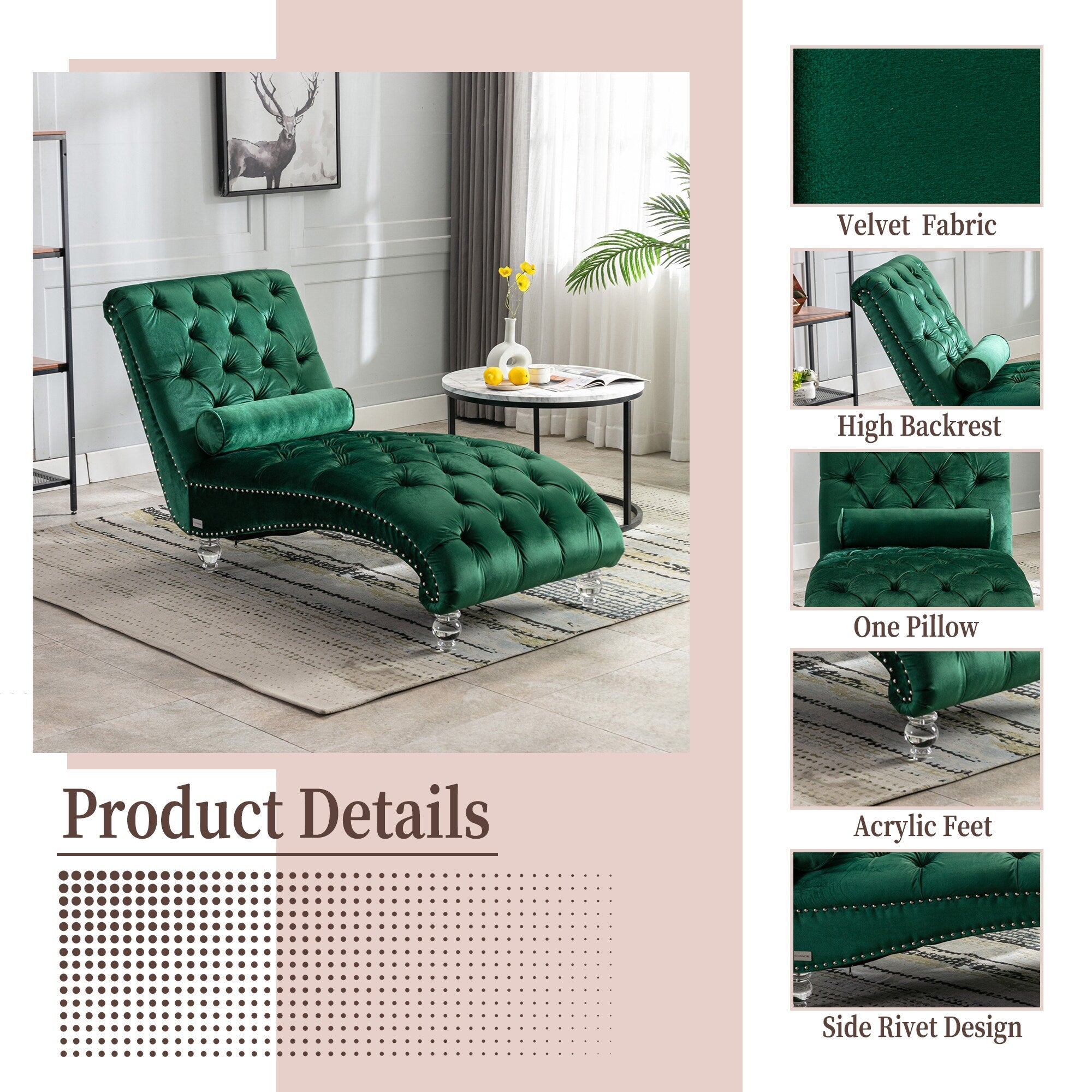 Chaise longue ergonomique en velours capitonné, inclinable en forme de S, avec coussin, garniture cloutée et pieds en acrylique pour une utilisation en intérieur