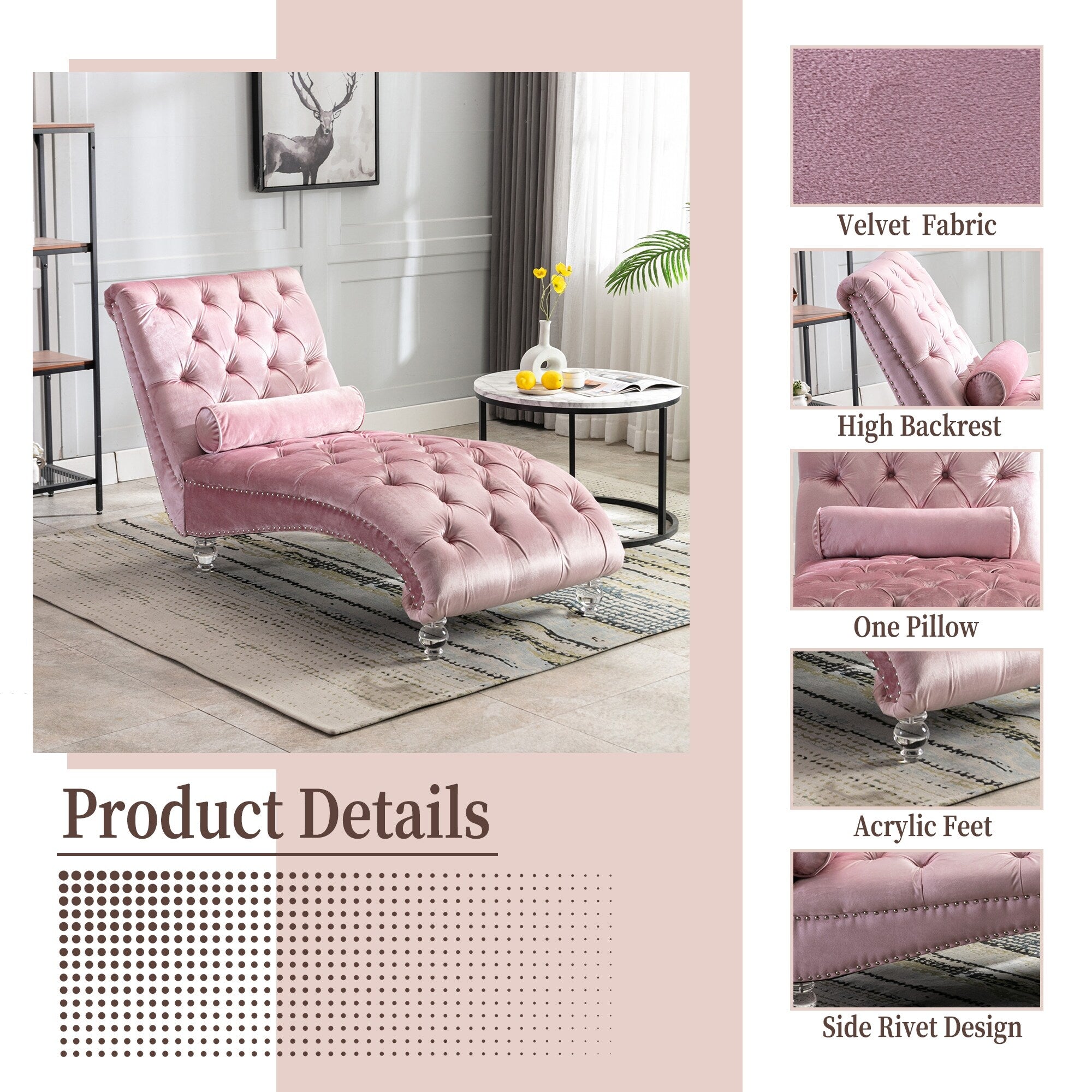Chaise longue ergonomique en velours capitonné, inclinable en forme de S, avec coussin, garniture cloutée et pieds en acrylique pour une utilisation en intérieur