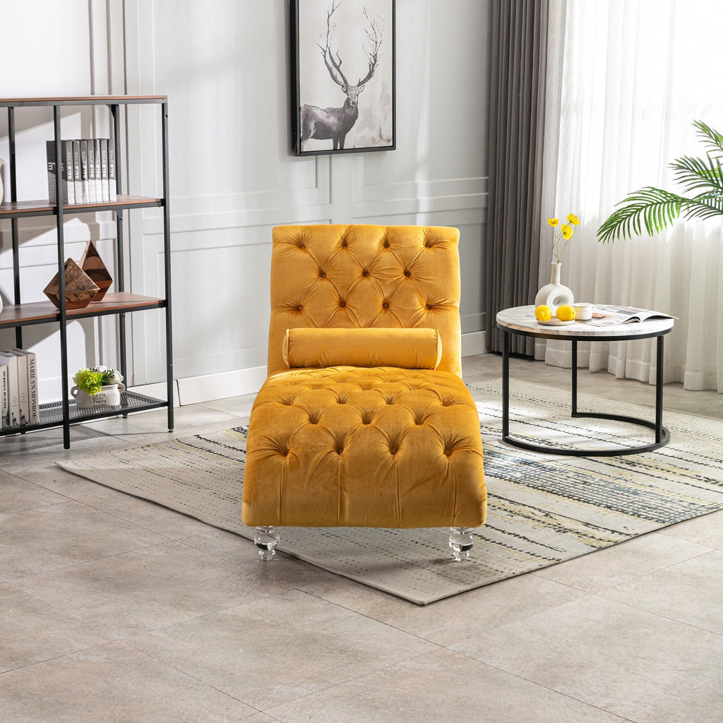 Chaise longue ergonomique en velours capitonné, inclinable en forme de S, avec coussin, garniture cloutée et pieds en acrylique pour une utilisation en intérieur