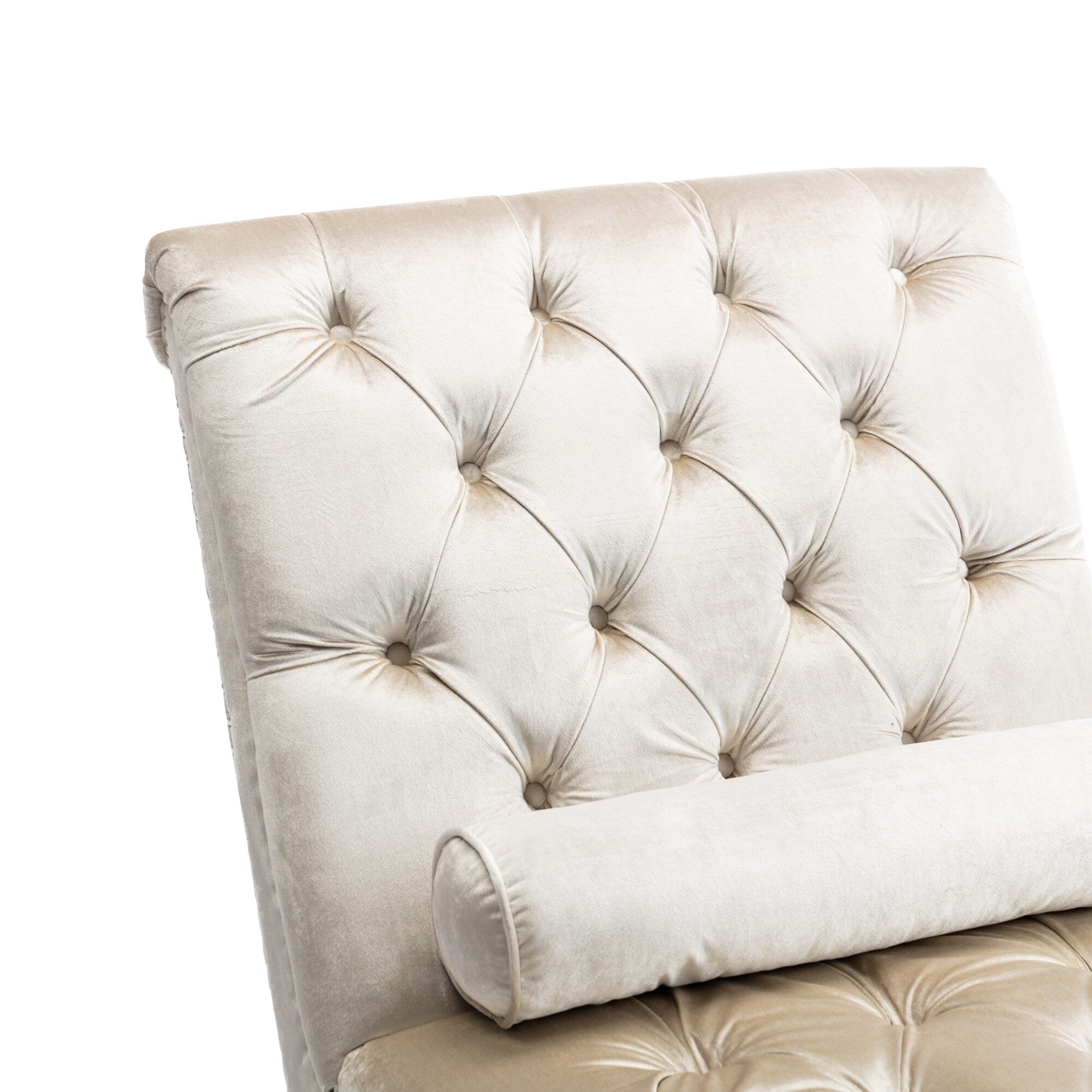 Chaise longue ergonomique en velours capitonné, inclinable en forme de S, avec coussin, garniture cloutée et pieds en acrylique pour une utilisation en intérieur