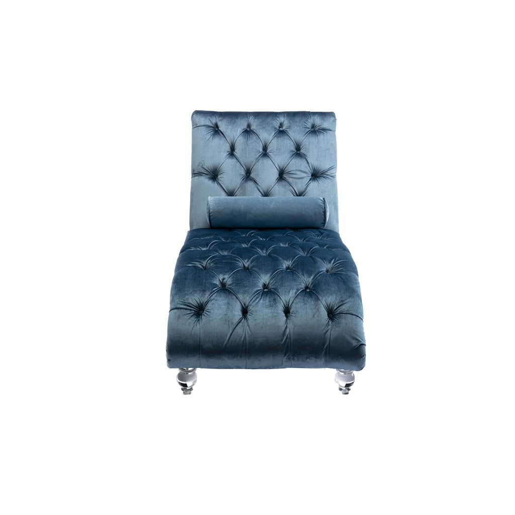 Chaise longue ergonomique en velours capitonné, inclinable en forme de S, avec coussin, garniture cloutée et pieds en acrylique pour une utilisation en intérieur