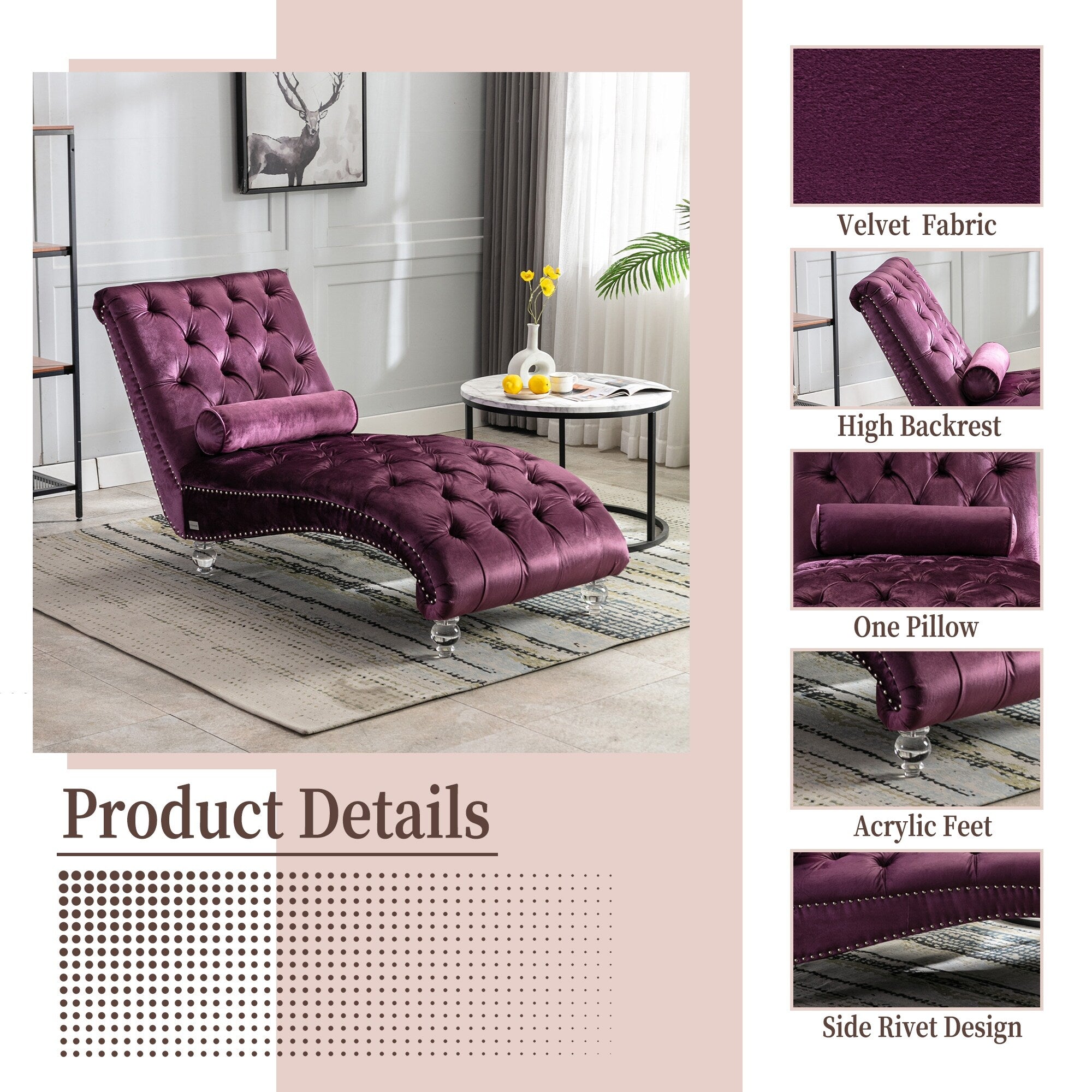 Chaise longue ergonomique en velours capitonné, inclinable en forme de S, avec coussin, garniture cloutée et pieds en acrylique pour une utilisation en intérieur