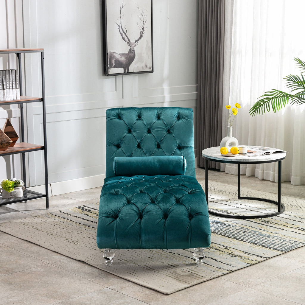 Chaise longue ergonomique en velours capitonné, inclinable en forme de S, avec coussin, garniture cloutée et pieds en acrylique pour une utilisation en intérieur