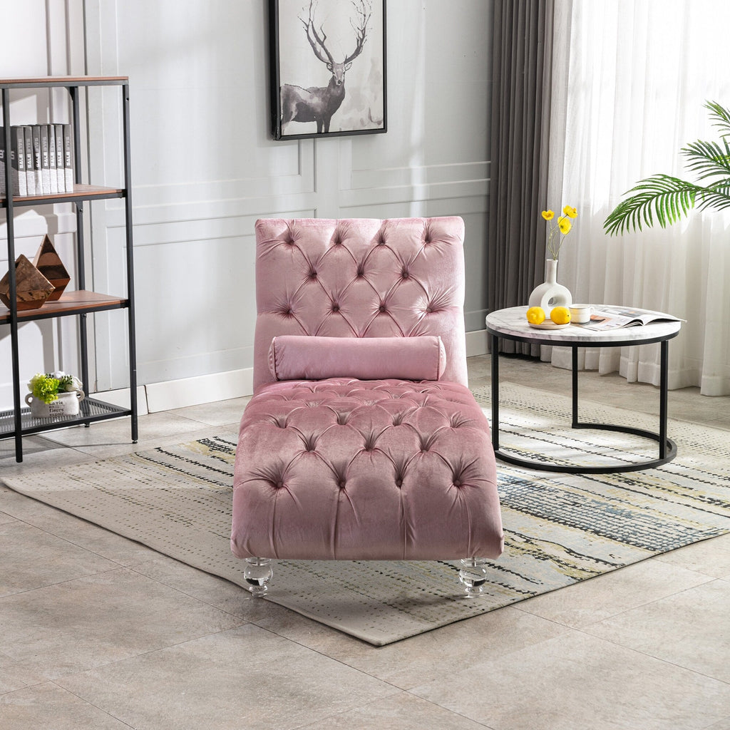 Chaise longue ergonomique en velours capitonné, inclinable en forme de S, avec coussin, garniture cloutée et pieds en acrylique pour une utilisation en intérieur