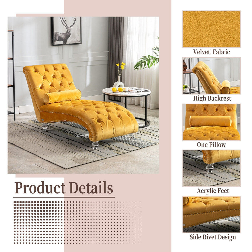 Chaise longue ergonomique en velours capitonné, inclinable en forme de S, avec coussin, garniture cloutée et pieds en acrylique pour une utilisation en intérieur