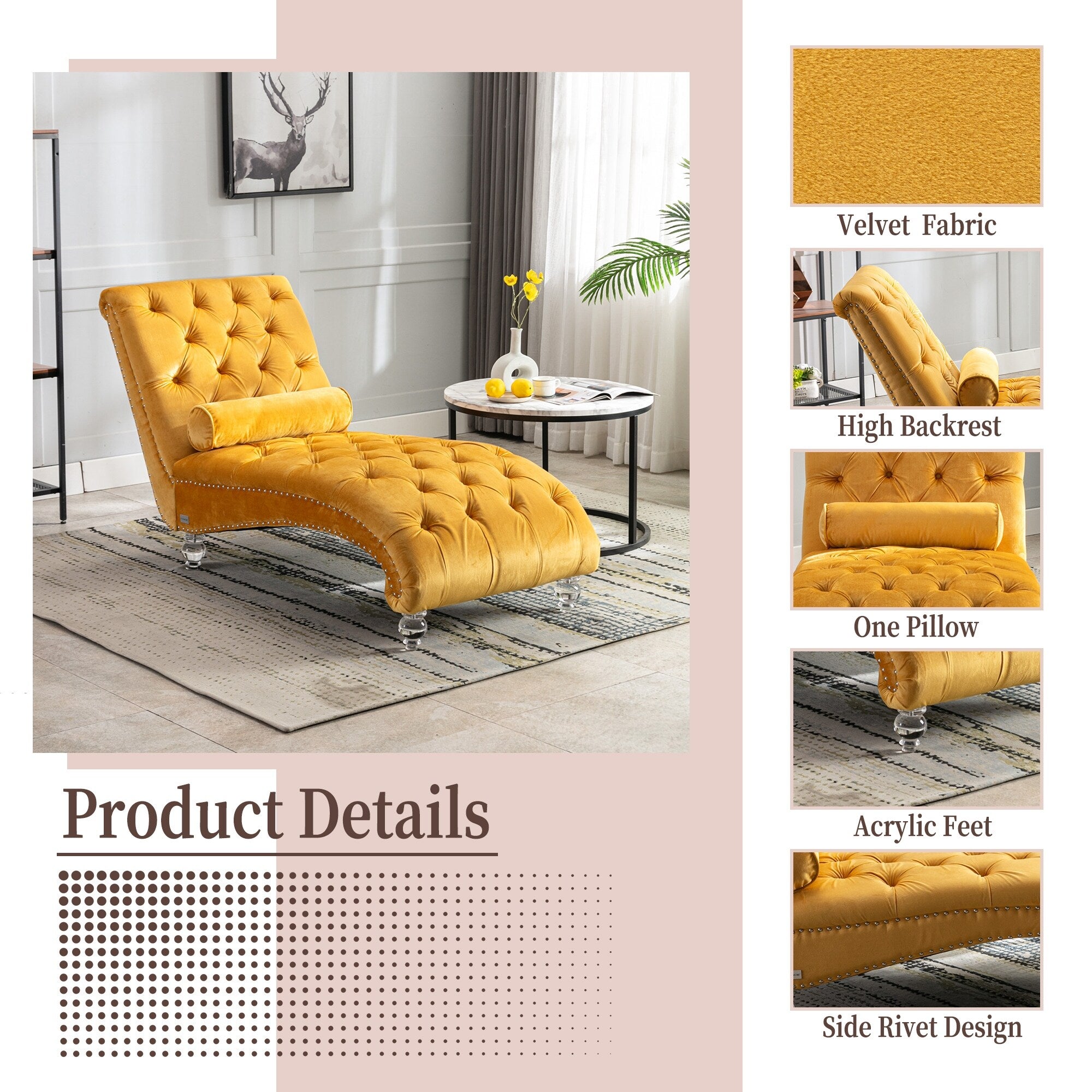 Chaise longue ergonomique en velours capitonné, inclinable en forme de S, avec coussin, garniture cloutée et pieds en acrylique pour une utilisation en intérieur