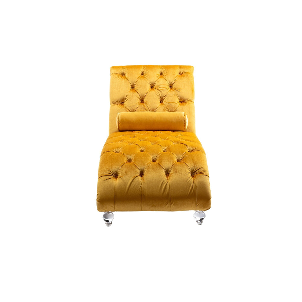 Chaise longue ergonomique en velours capitonné, inclinable en forme de S, avec coussin, garniture cloutée et pieds en acrylique pour une utilisation en intérieur
