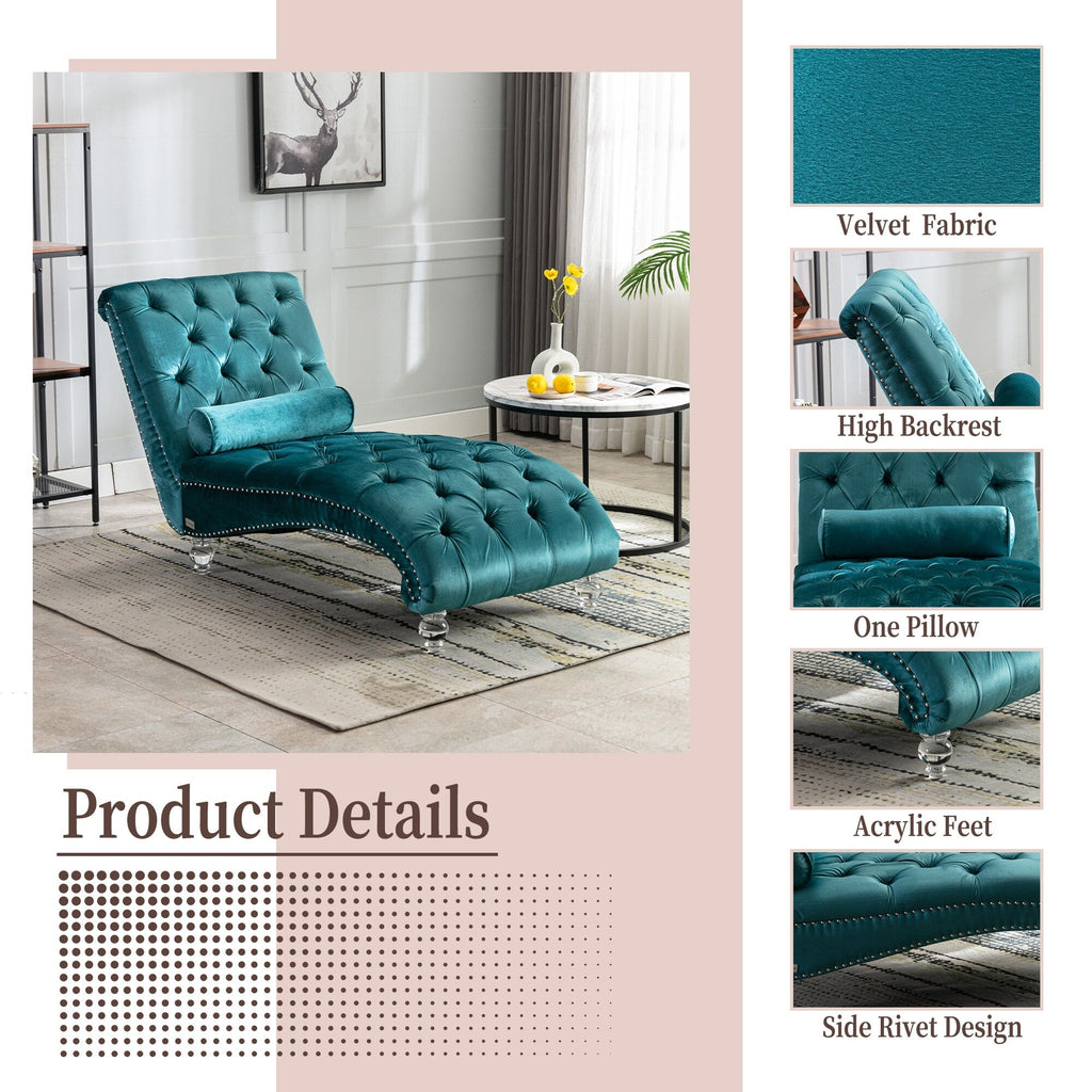 Chaise longue ergonomique en velours capitonné, inclinable en forme de S, avec coussin, garniture cloutée et pieds en acrylique pour une utilisation en intérieur