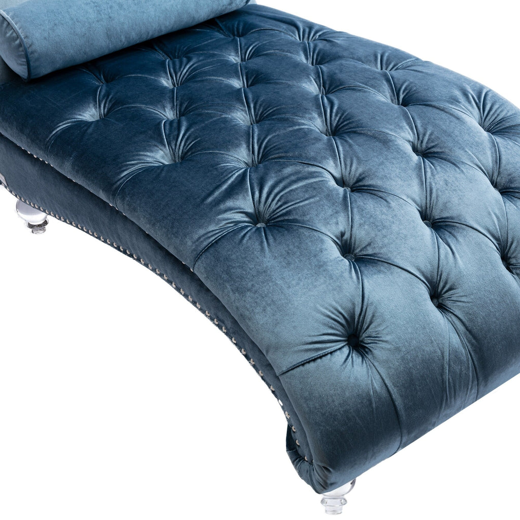 Chaise longue ergonomique en velours capitonné, inclinable en forme de S, avec coussin, garniture cloutée et pieds en acrylique pour une utilisation en intérieur