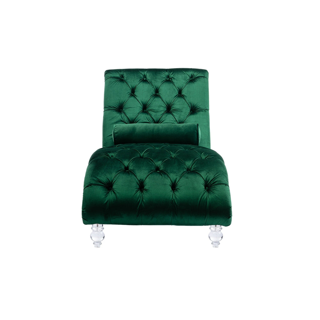 Chaise longue ergonomique en velours capitonné, inclinable en forme de S, avec coussin, garniture cloutée et pieds en acrylique pour une utilisation en intérieur