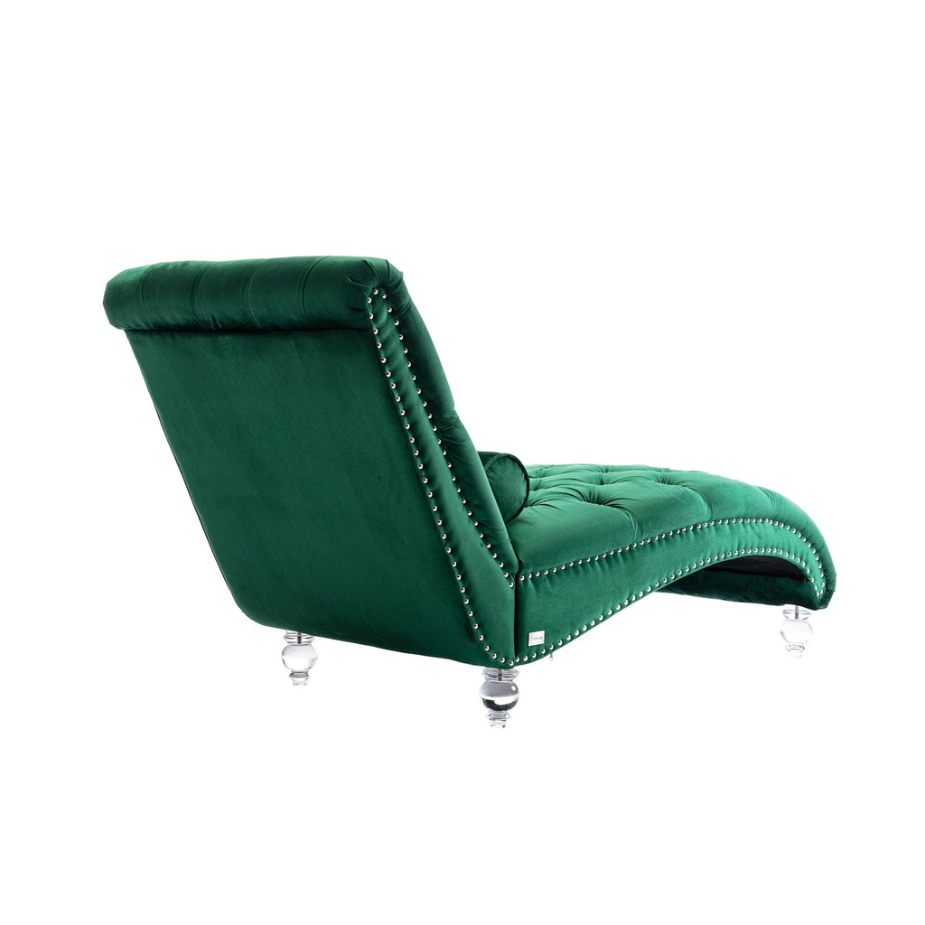 Chaise longue ergonomique en velours capitonné, inclinable en forme de S, avec coussin, garniture cloutée et pieds en acrylique pour une utilisation en intérieur
