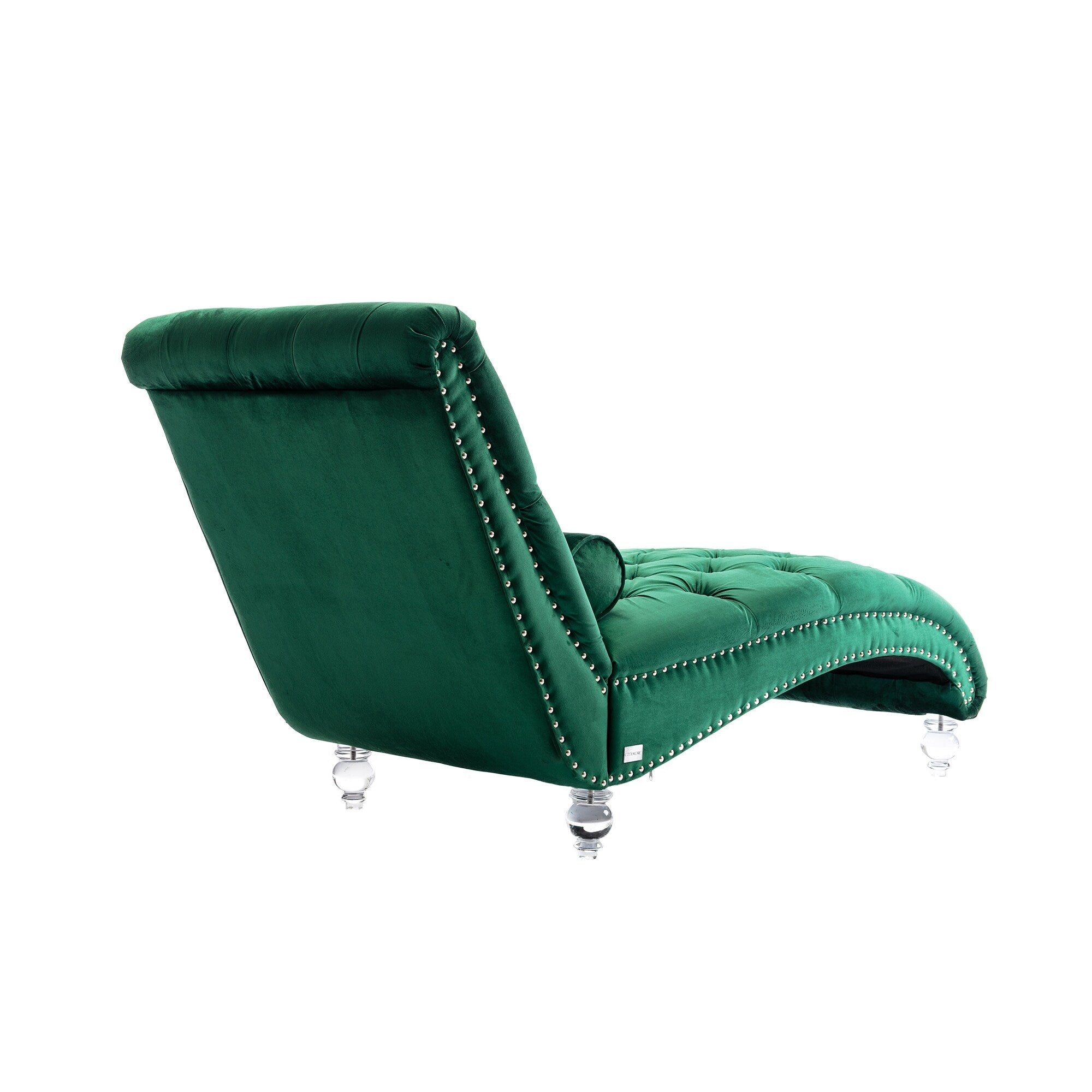 Chaise longue ergonomique en velours capitonné, inclinable en forme de S, avec coussin, garniture cloutée et pieds en acrylique pour une utilisation en intérieur