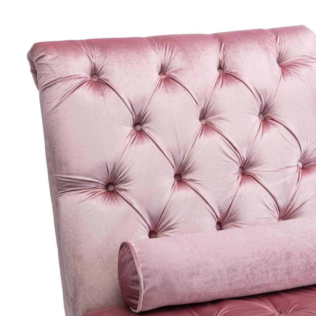 Chaise longue ergonomique en velours capitonné, inclinable en forme de S, avec coussin, garniture cloutée et pieds en acrylique pour une utilisation en intérieur