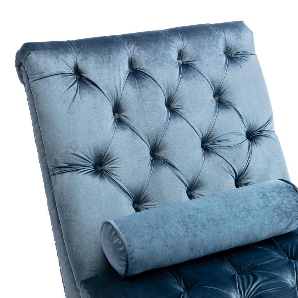 Chaise longue ergonomique en velours capitonné, inclinable en forme de S, avec coussin, garniture cloutée et pieds en acrylique pour une utilisation en intérieur