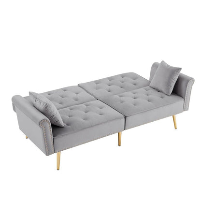 Canapé capitonné en velours avec 2 coussins et garniture cloutée