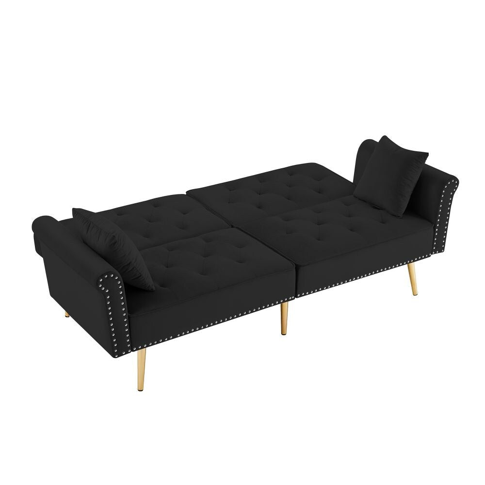 Canapé capitonné en velours avec 2 coussins et garniture cloutée