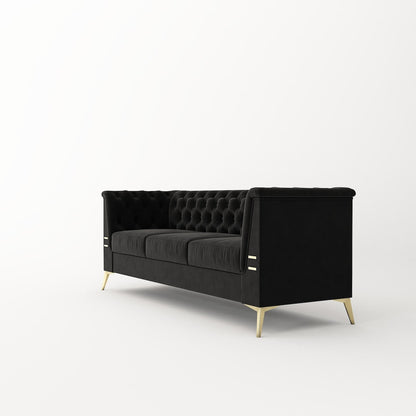 Canapé 3 places rembourré en velours, canapé de salon moderne avec capitonnage à boutons profonds et pieds en métal, accoudoirs carrés