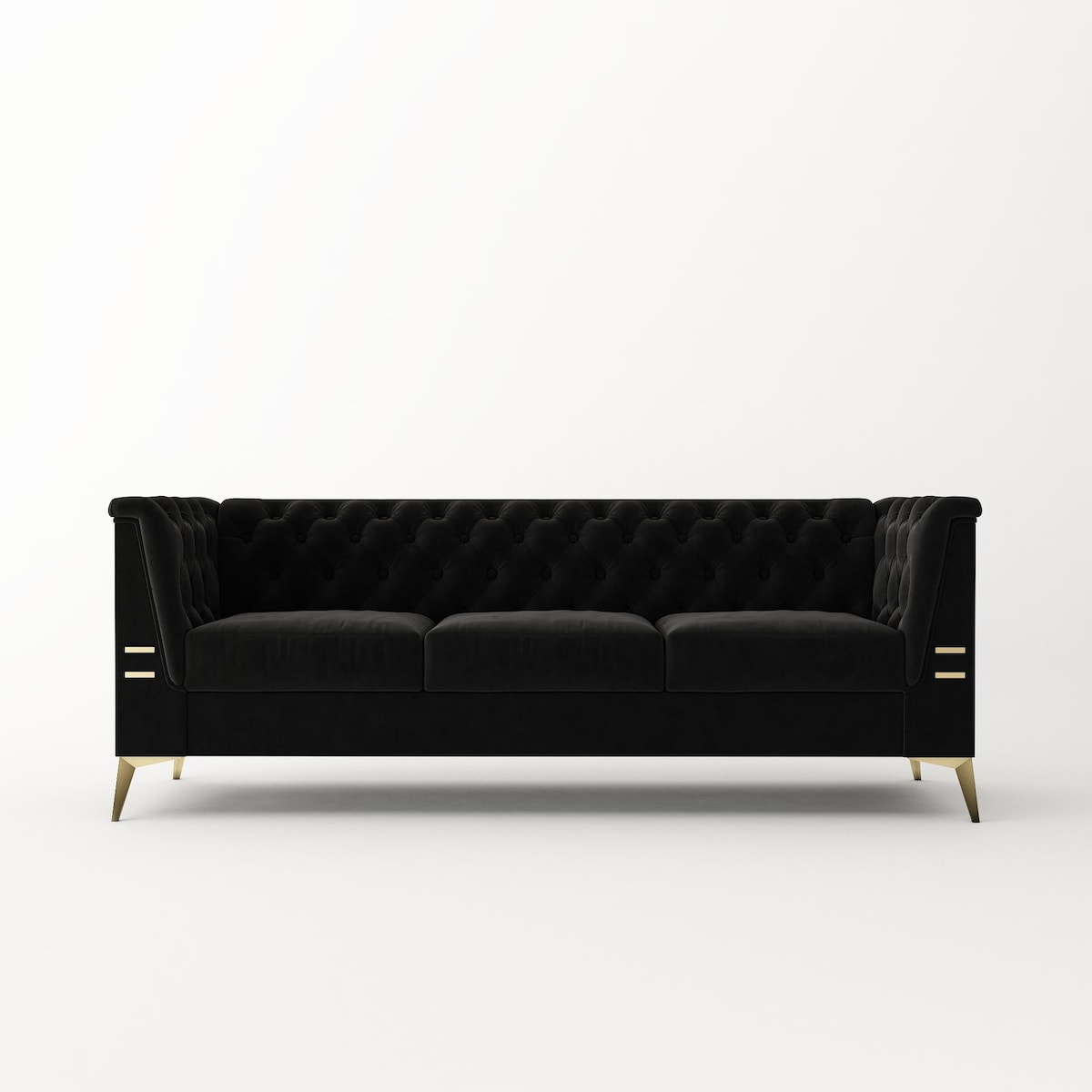 Canapé 3 places rembourré en velours, canapé de salon moderne avec capitonnage à boutons profonds et pieds en métal, accoudoirs carrés
