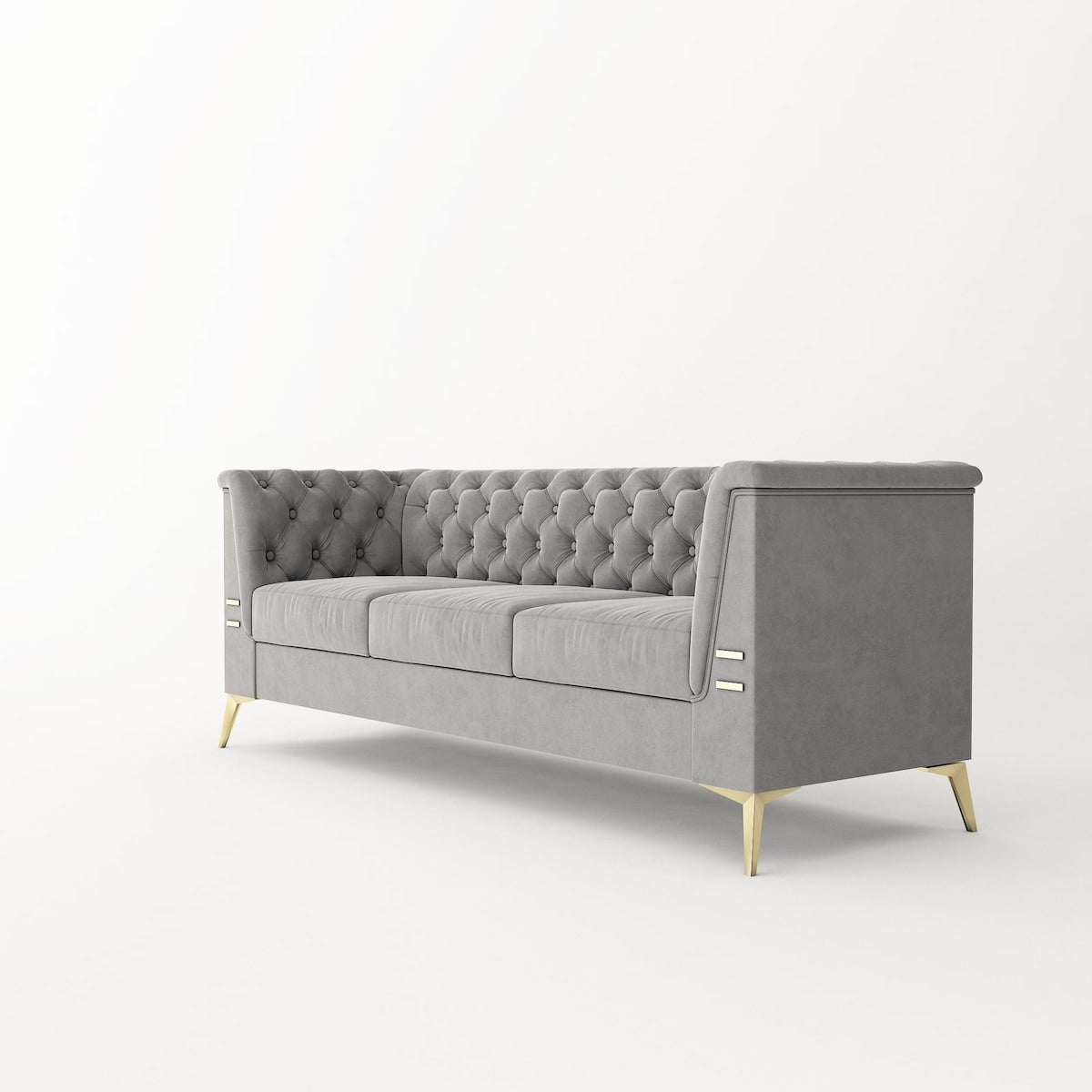 Canapé 3 places rembourré en velours, canapé de salon moderne avec capitonnage à boutons profonds et pieds en métal, accoudoirs carrés
