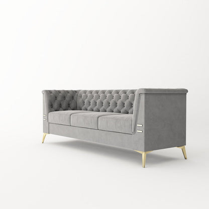 Canapé 3 places rembourré en velours, canapé de salon moderne avec capitonnage à boutons profonds et pieds en métal, accoudoirs carrés