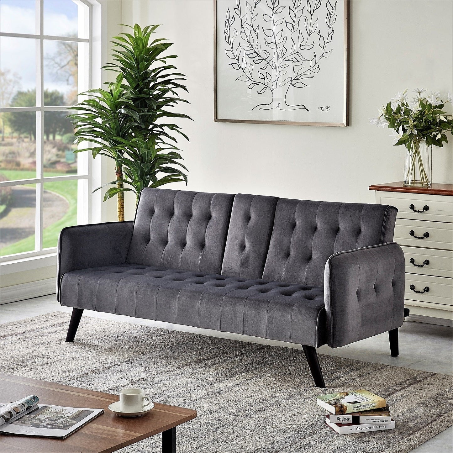 Canapé-lit futon convertible et pliable en velours avec 2 porte-gobelets pour un salon compact