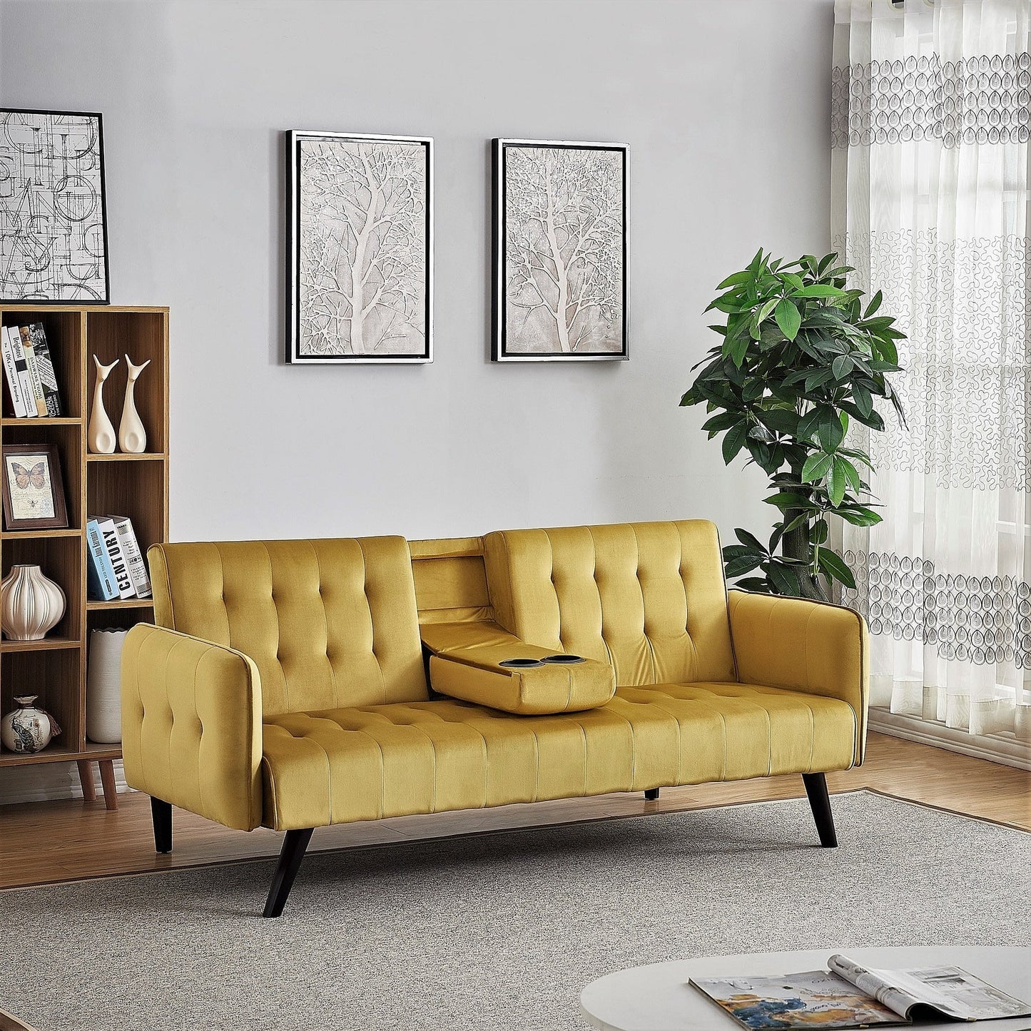 Canapé-lit futon convertible et pliable en velours avec 2 porte-gobelets pour un salon compact
