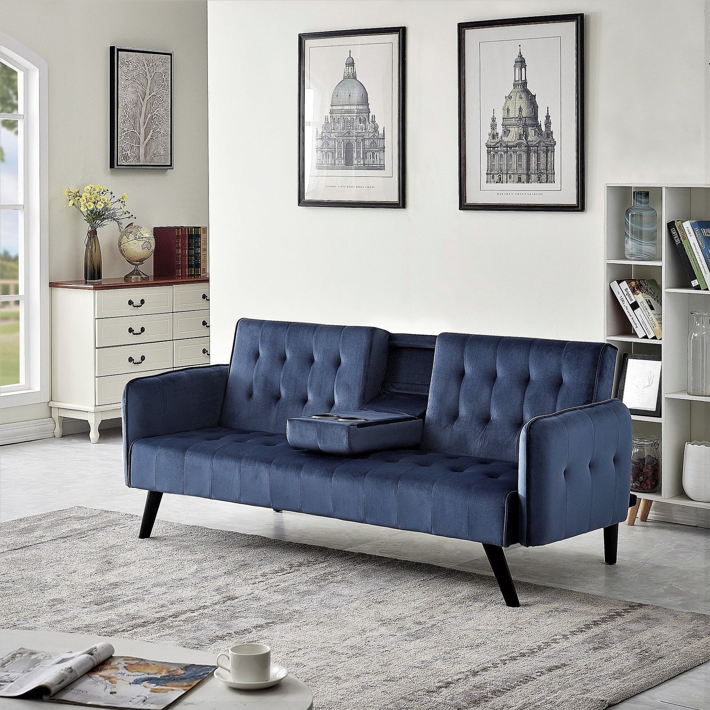 Canapé-lit futon convertible et pliable en velours avec 2 porte-gobelets pour un salon compact