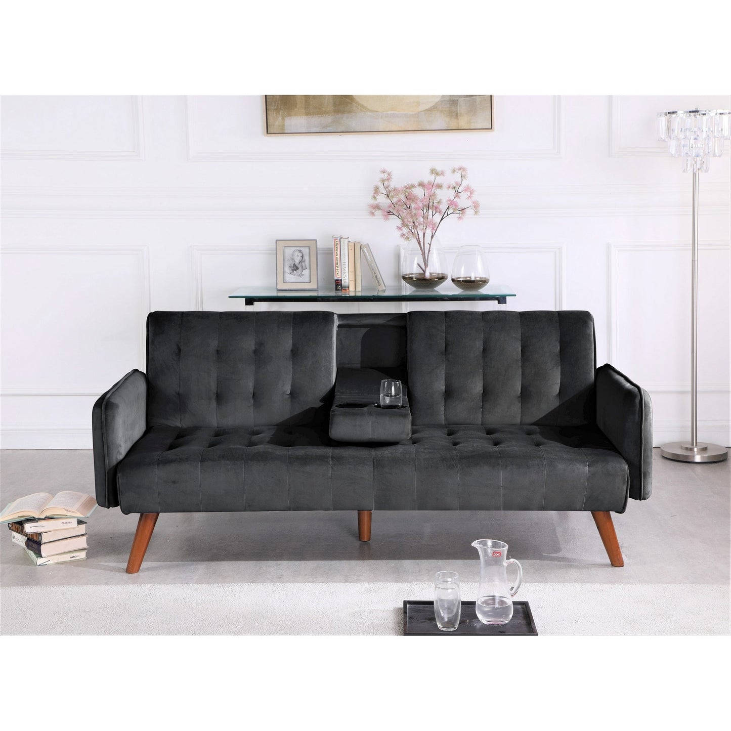 Canapé-lit futon convertible et pliable en velours avec 2 porte-gobelets pour un salon compact