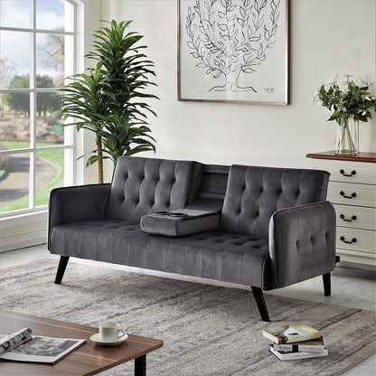 Canapé-lit futon convertible et pliable en velours avec 2 porte-gobelets pour un salon compact
