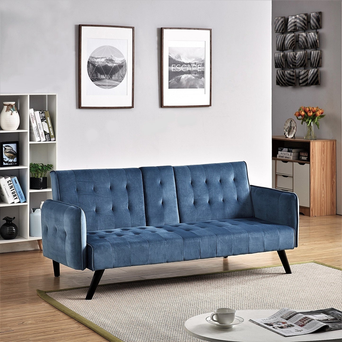 Canapé-lit futon convertible et pliable en velours avec 2 porte-gobelets pour un salon compact