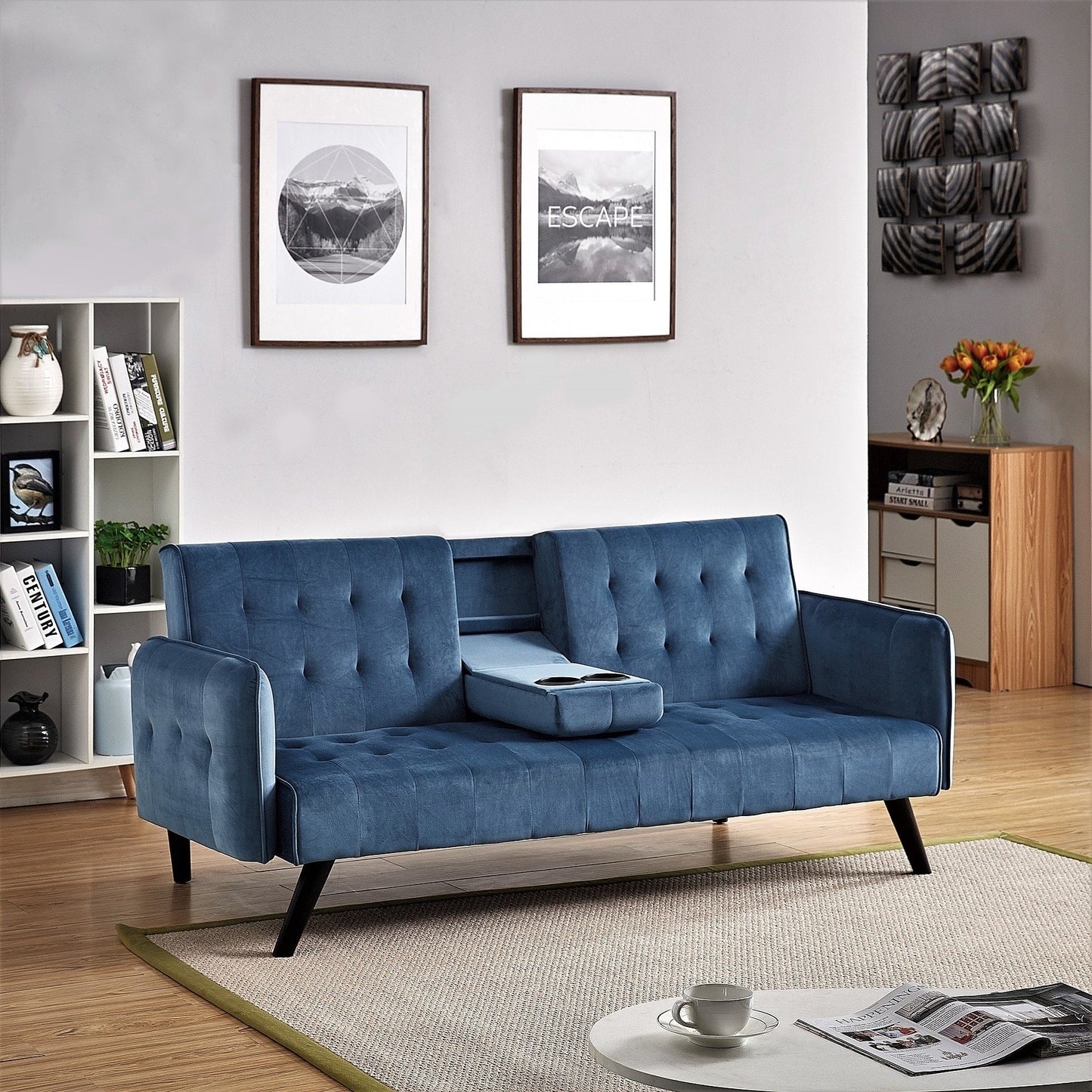 Canapé-lit futon convertible et pliable en velours avec 2 porte-gobelets pour un salon compact
